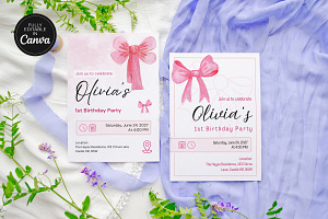 Pink Bow Birthday Invitation Canva, an Invitation Template by Snapybiz