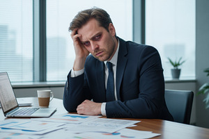 Stressed businessman working at desk with laptop