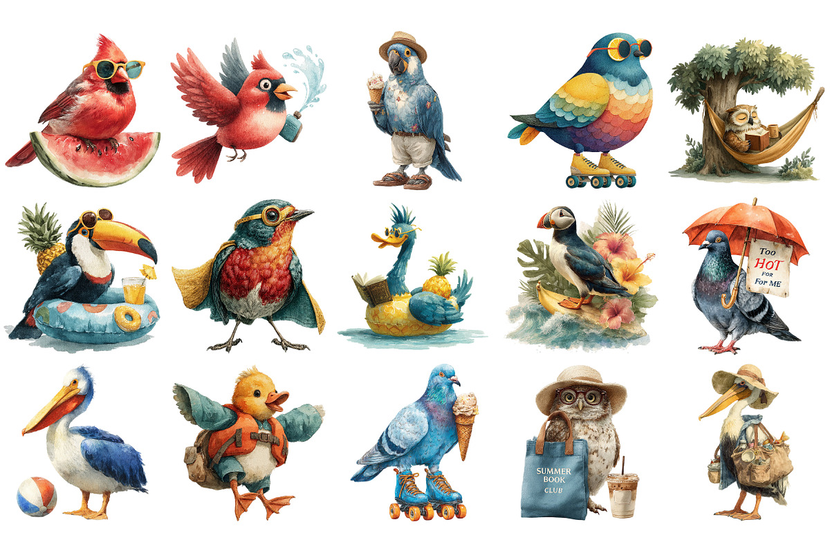 Funny Quirky Summer Birds Clipart, an Illustration by Craft Nest (Photo 2 of 4)