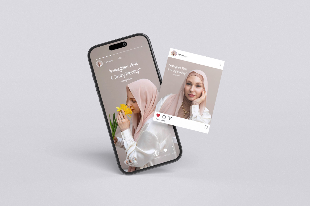 INSTAGRAM POST & STORY MOCKUP, an iPhone Mockup by HanaSaka_Studio (Photo 2 of 5)