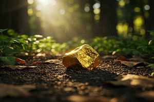 Single gold nugget lying on soil, a Food & Drink Photo by professorinc