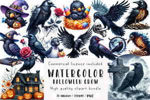 Watercolor Halloween Crow Clipart, an Illustration by CreationArt