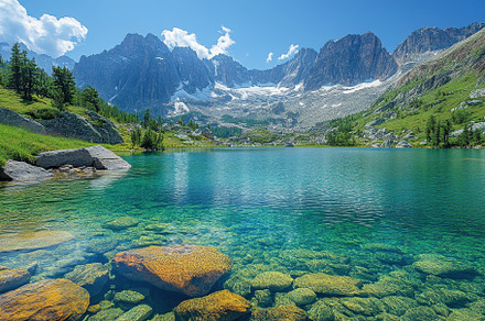 Crystal clear lake reflects majestic, a Photo by Tanuart