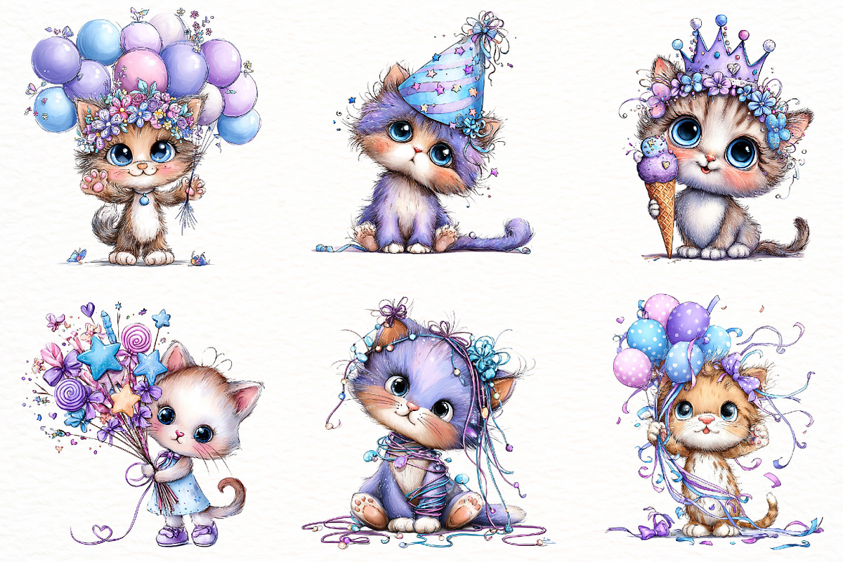 Whimsical Birthday cat Clipart, a Seasonal Illustration by Designworld (Photo 2 of 9)