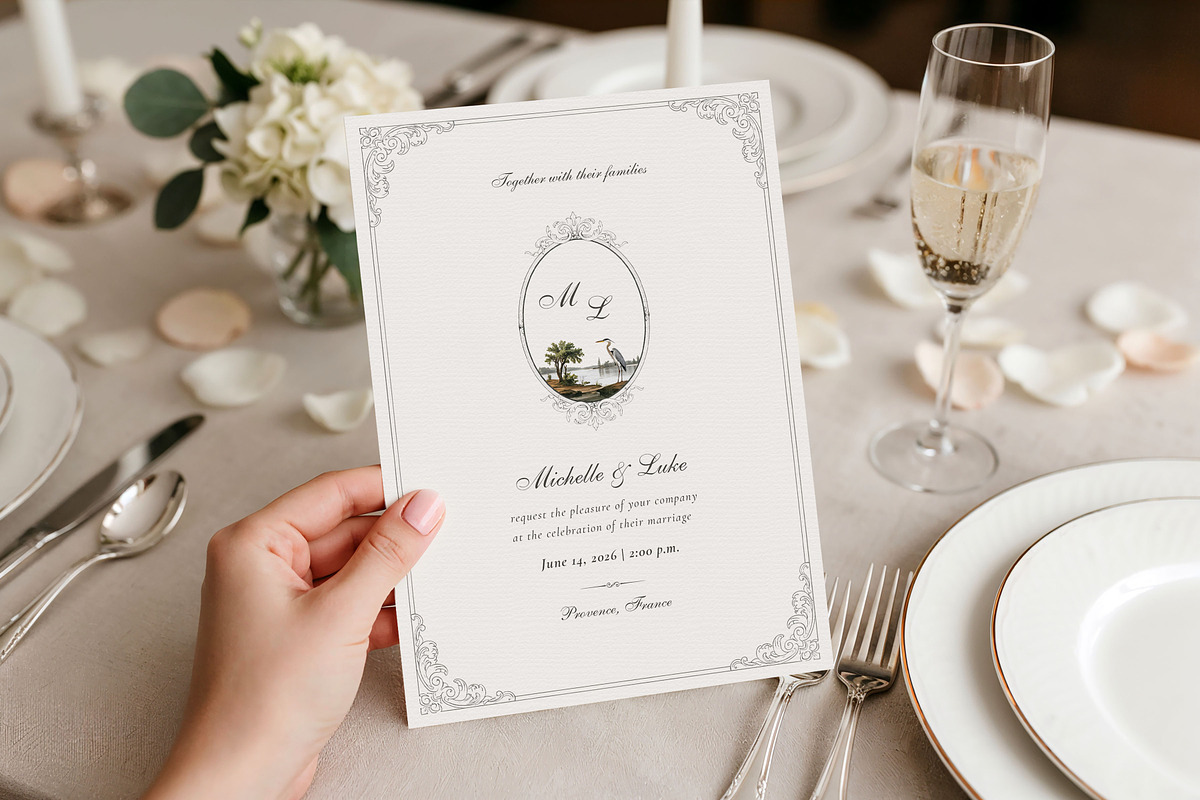 French Heron Monogram Wedding Invite, an Invitation Template by by creative paper (Photo 3 of 4)
