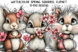 Watercolor Spring Squirrel Clipart, an Illustration by Daily.Designs