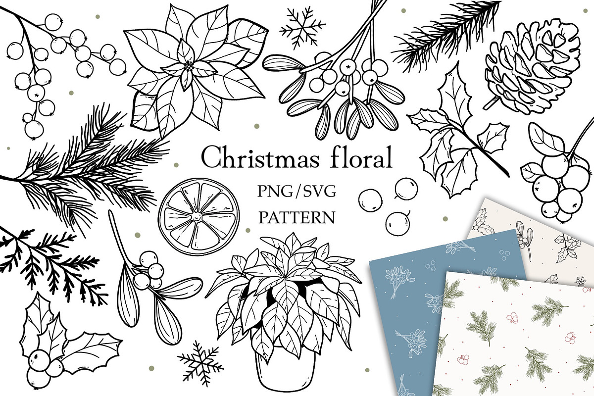 Christmas Floral Clipart & Patterns, a Seasonal Illustration by ArtGiftsStudio (Photo 1 of 5)