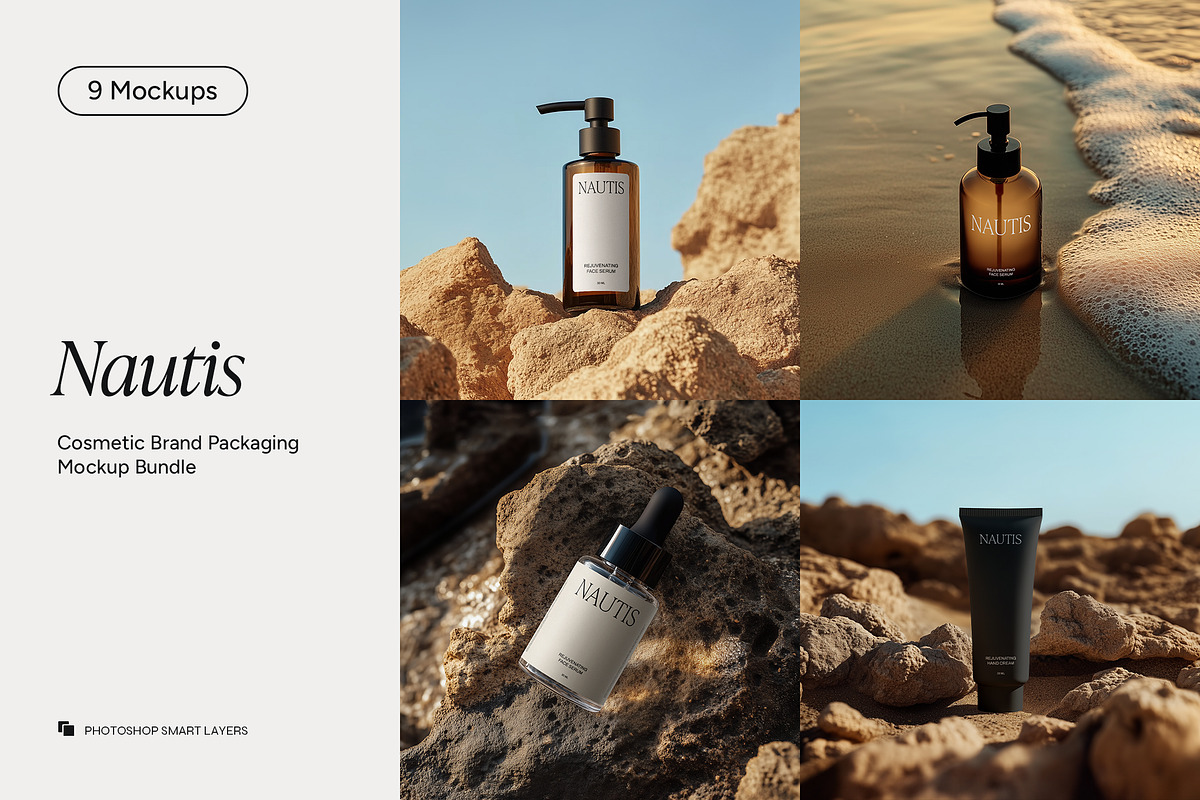 Coastal Cosmetic Bottle Mockups, a Packaging Mockup by Wildfield Studio (Photo 1 of 6)