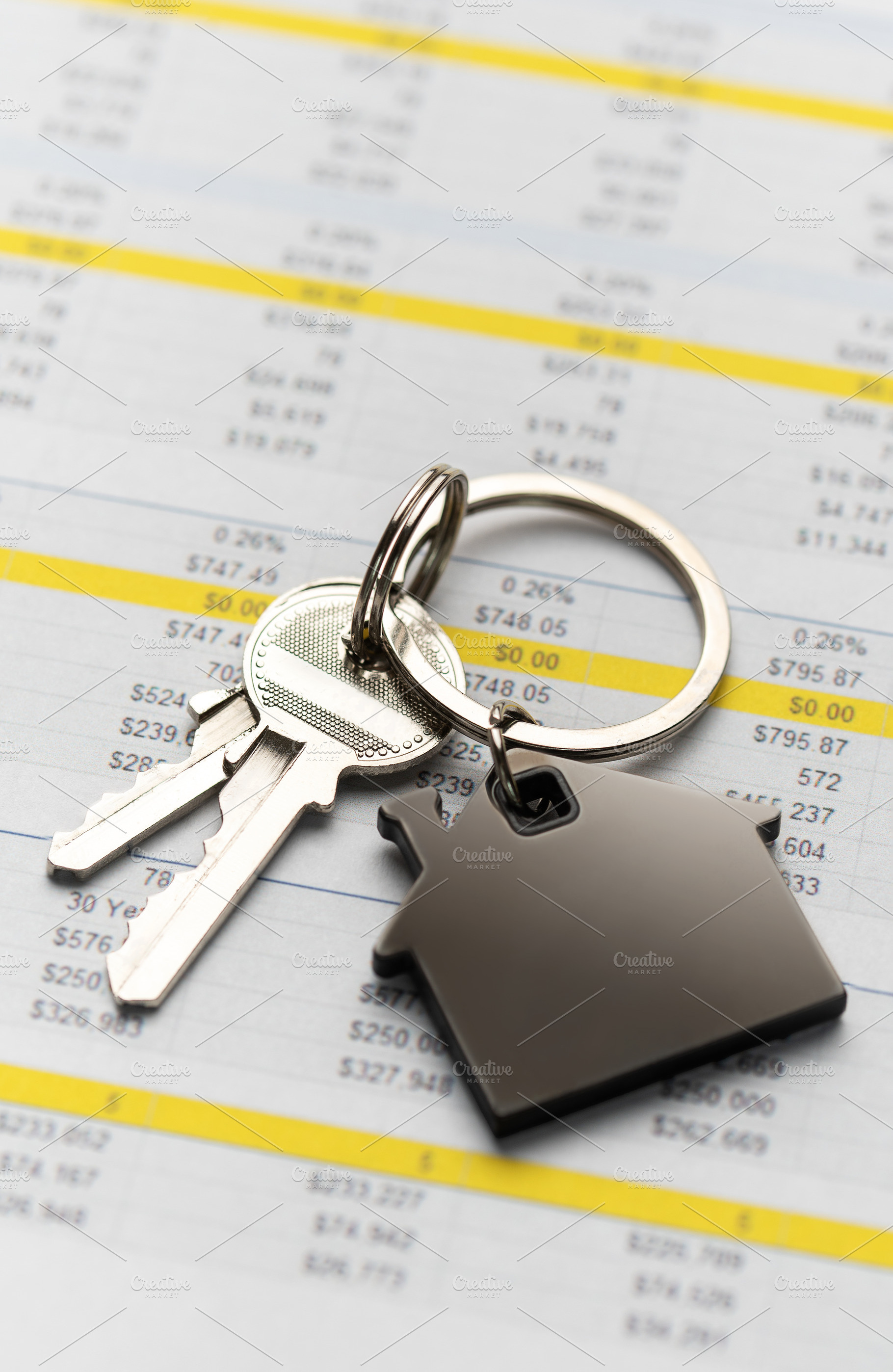 House keys with home charm on financial spreadsheet, a Business Photo by Olena Rudo