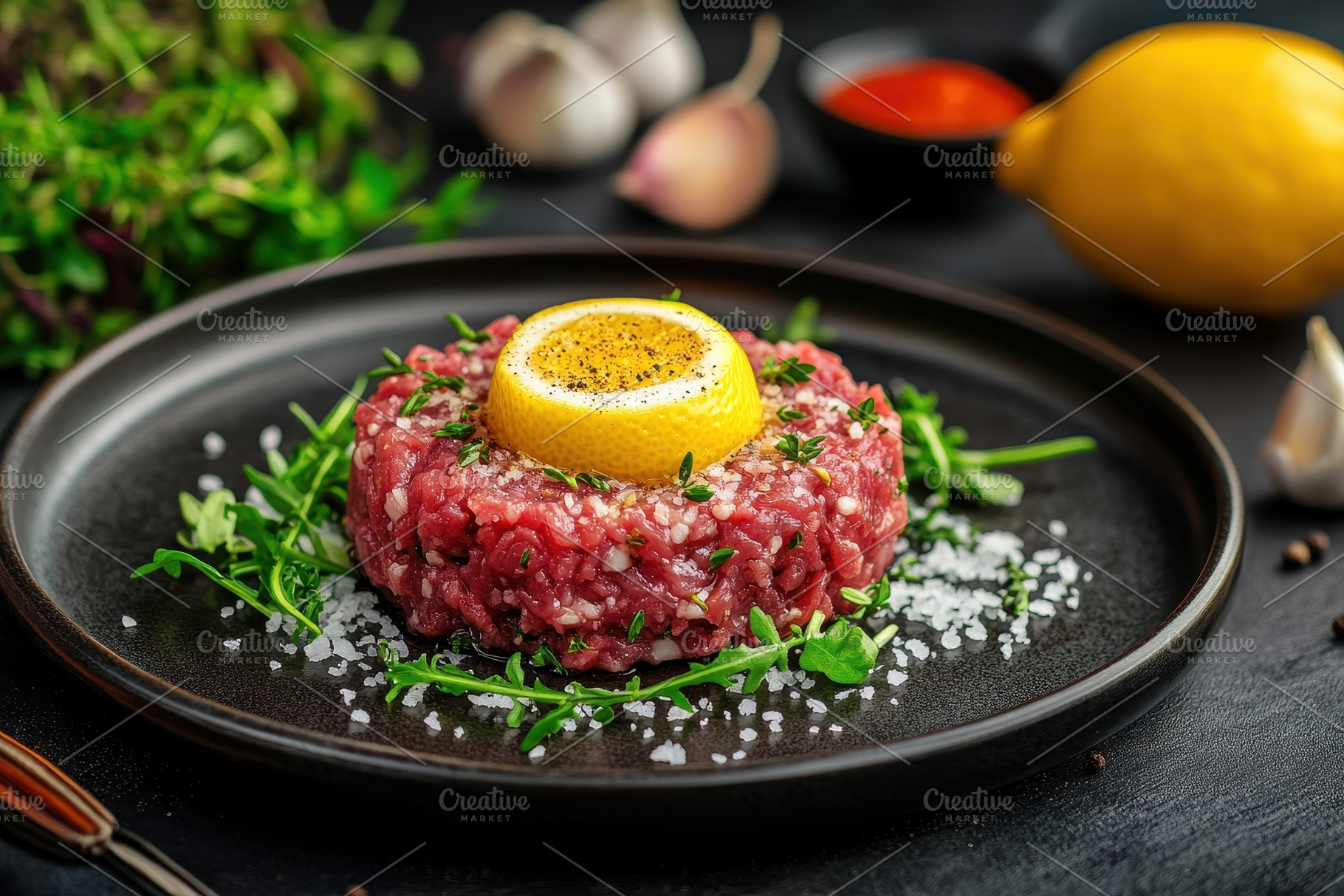 Beef tartar garnished with lemon, a Photo by Pavel_design
