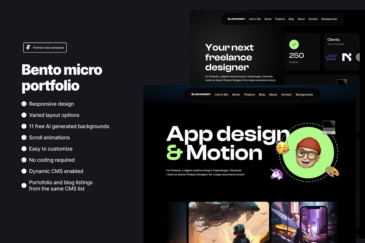 Bento Micro Portfolio - Framer, a React Template by Blue Monkey Media (Photo 1 of 6)