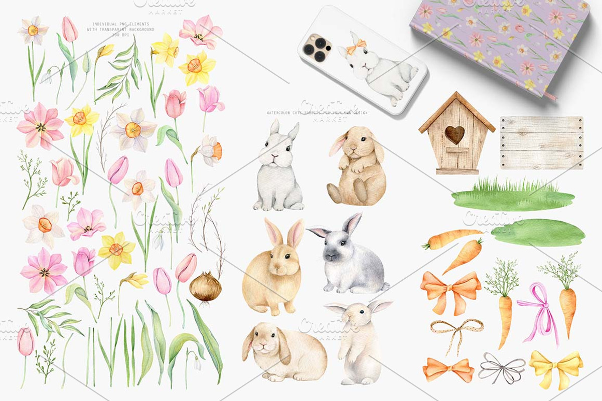 Spring flower, Easter set Watercolor, an Animal Illustration by Daryartsy (Photo 8 of 12)
