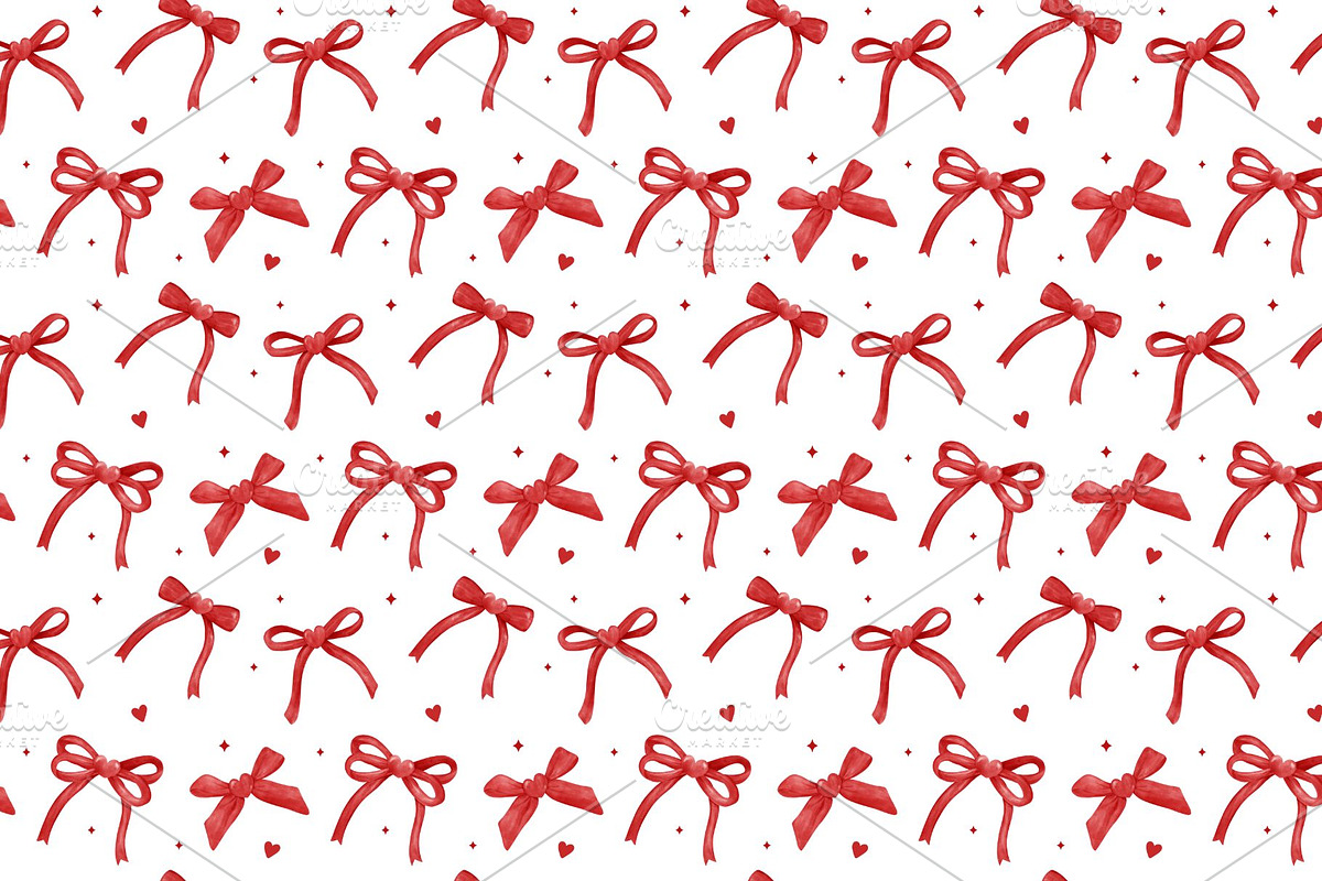 Red Ribbons, Bows & Hearts Pattern, an Illustration by Stellalunarts (Photo 1 of 4)
