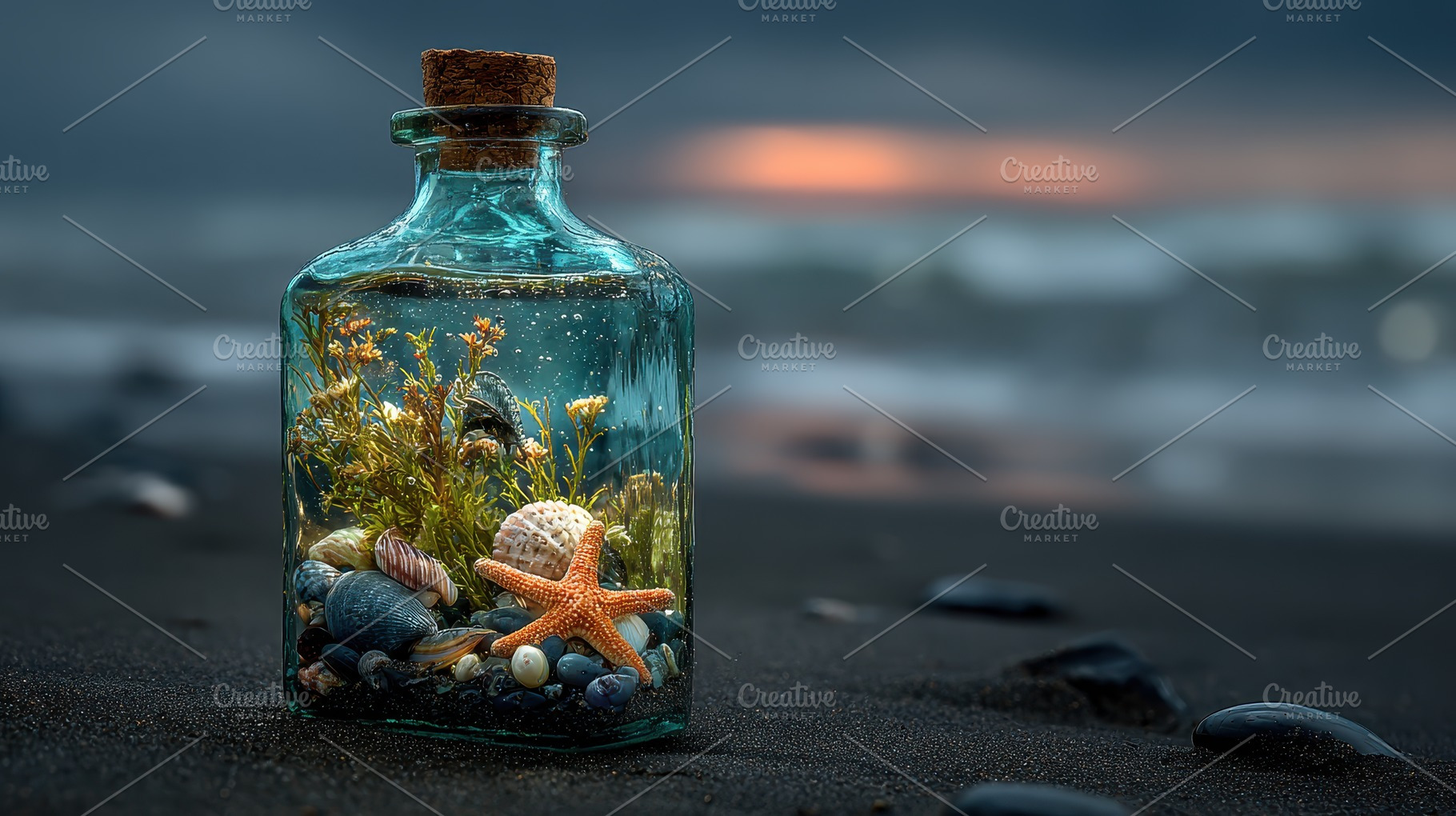 Ocean treasures in a glass bottle on, a Photo by Pixeness Studio