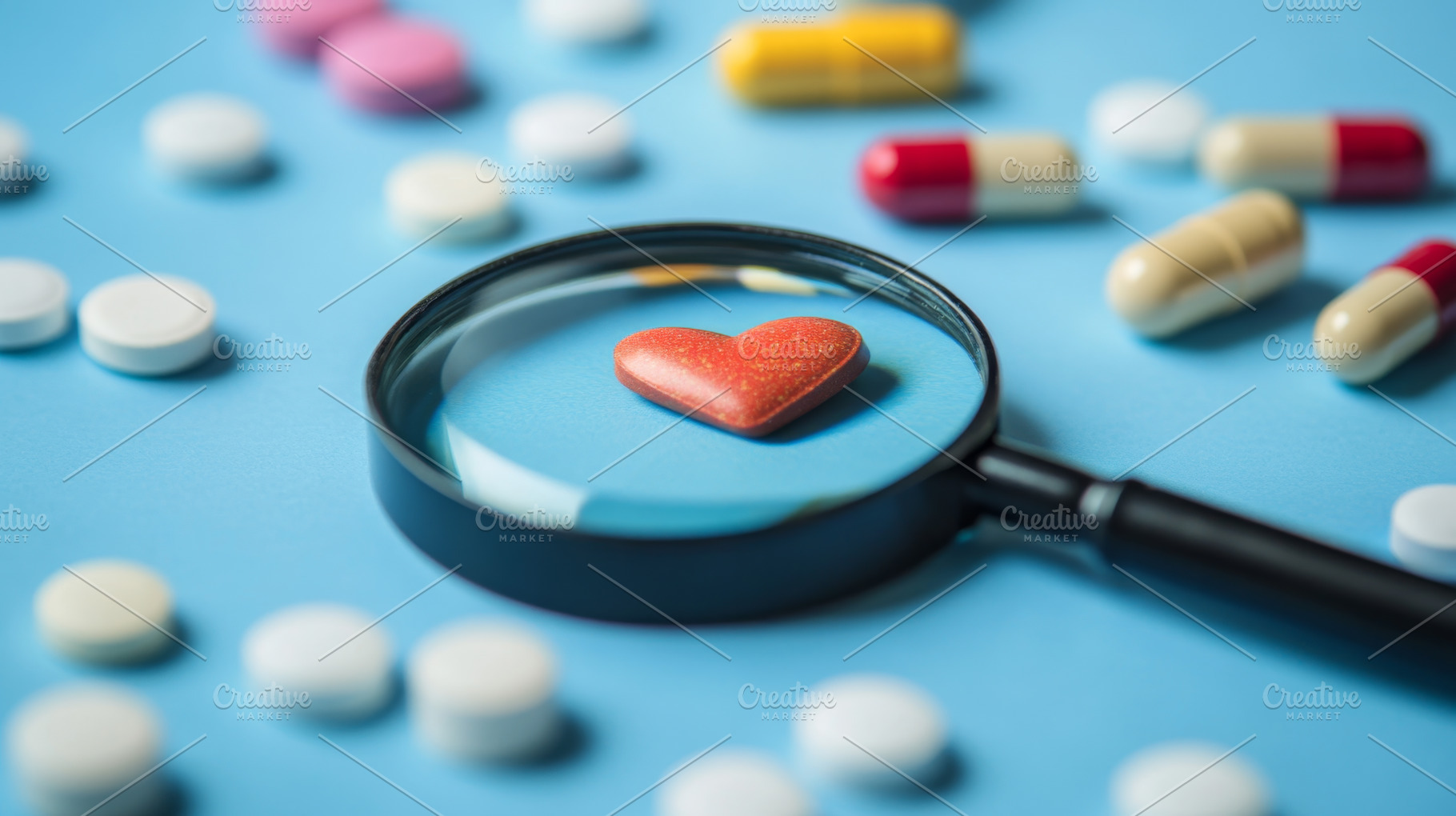 Magnifying Glass Over Heart Symbol Surrounded by Various Pills, an Abstract Photo by Natalia Klenova's Shop