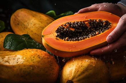 Freshly cut papaya in hand, revealing its vibrant orange flesh and black seeds., a Food & Drink Photo by Textures & Backgrounds