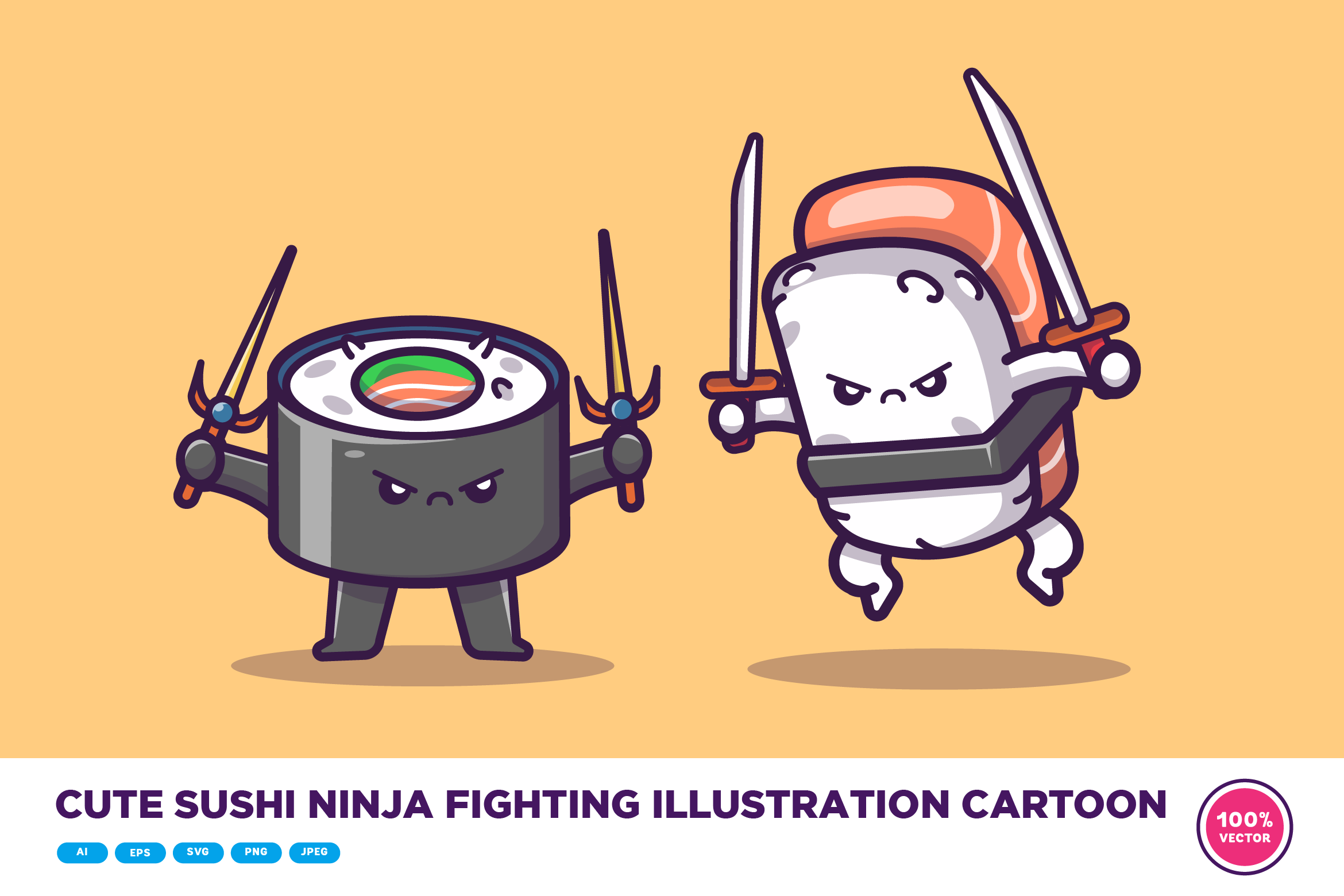 Cute Sushi Ninja Fighting Cartoon, a Food Illustration by Catalyst