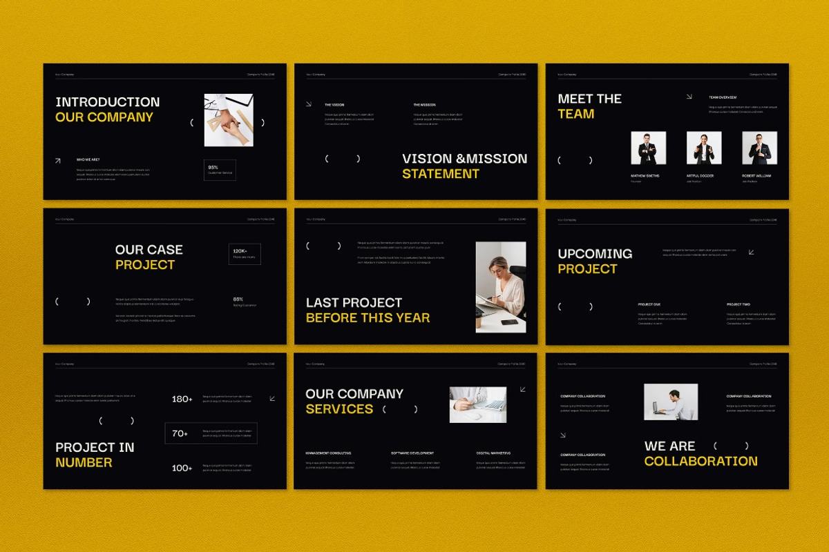 Black Company Profile Google Slide, a Presentation Template by graphicook (Photo 2 of 5)
