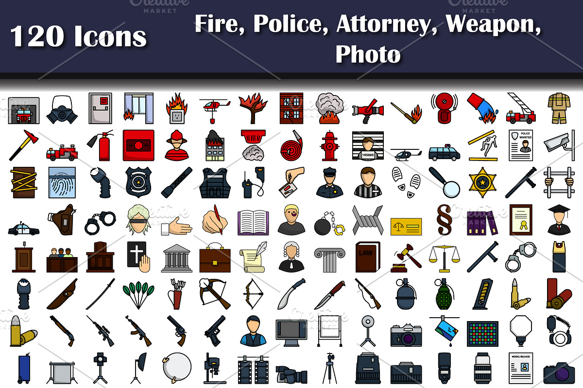 120 Icons Of Fire, Police, Attorney,, an Outline Icon by Pavel Vectors