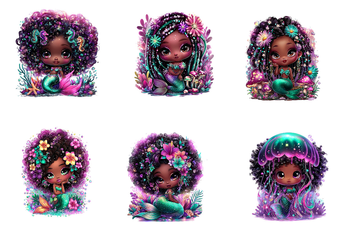 Whimsical Cute Black Mermaid Clipart, an Illustration by CreationArt (Photo 4 of 7)