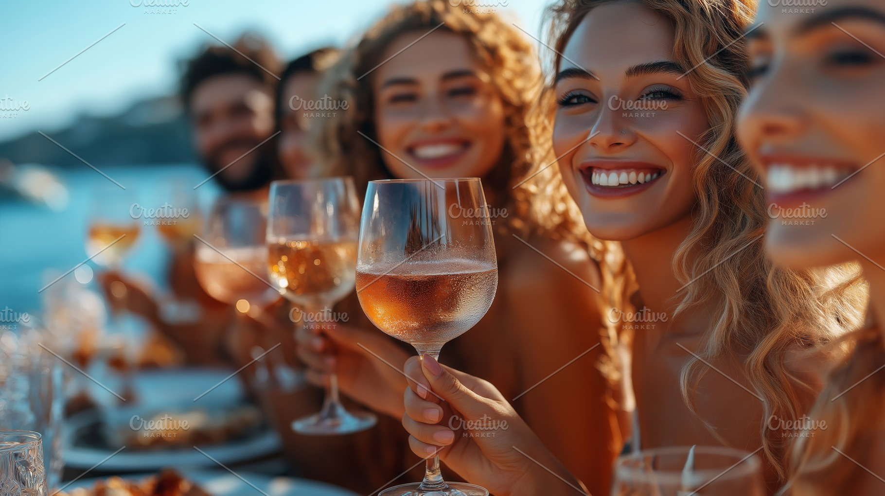 A group of joyful young adults enjoy an outdoor celebration, raising glasses fi, a Person Photo by ImageMir