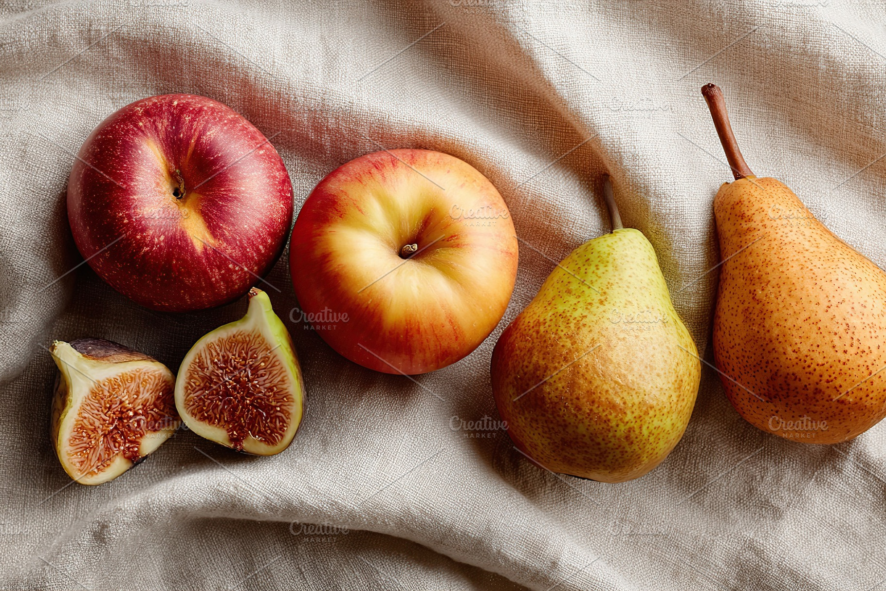 Freshly picked apples and pears arranged on soft linen fabric for a stunning st, a Food & Drink Photo by AlyaAnd