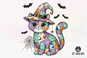 Patchwork Halloween Cat Png Witch Ca, an Illustration by Dream Creation