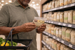 Middle-aged man in a grocery store examining healthy food option, a Photo by Dvoevnore photos