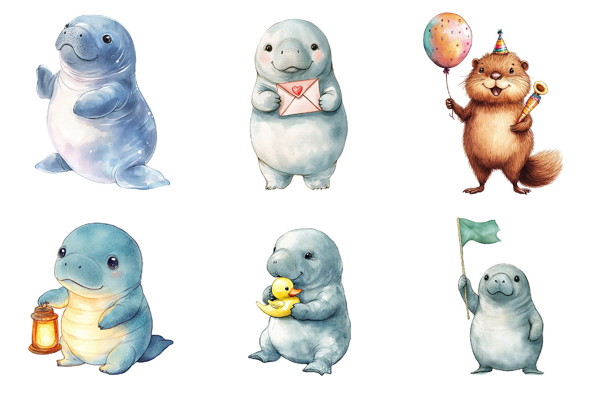 Cute Baby Watercolor Manatees Clipar, an Illustration by CreationArt (Photo 2 of 5)
