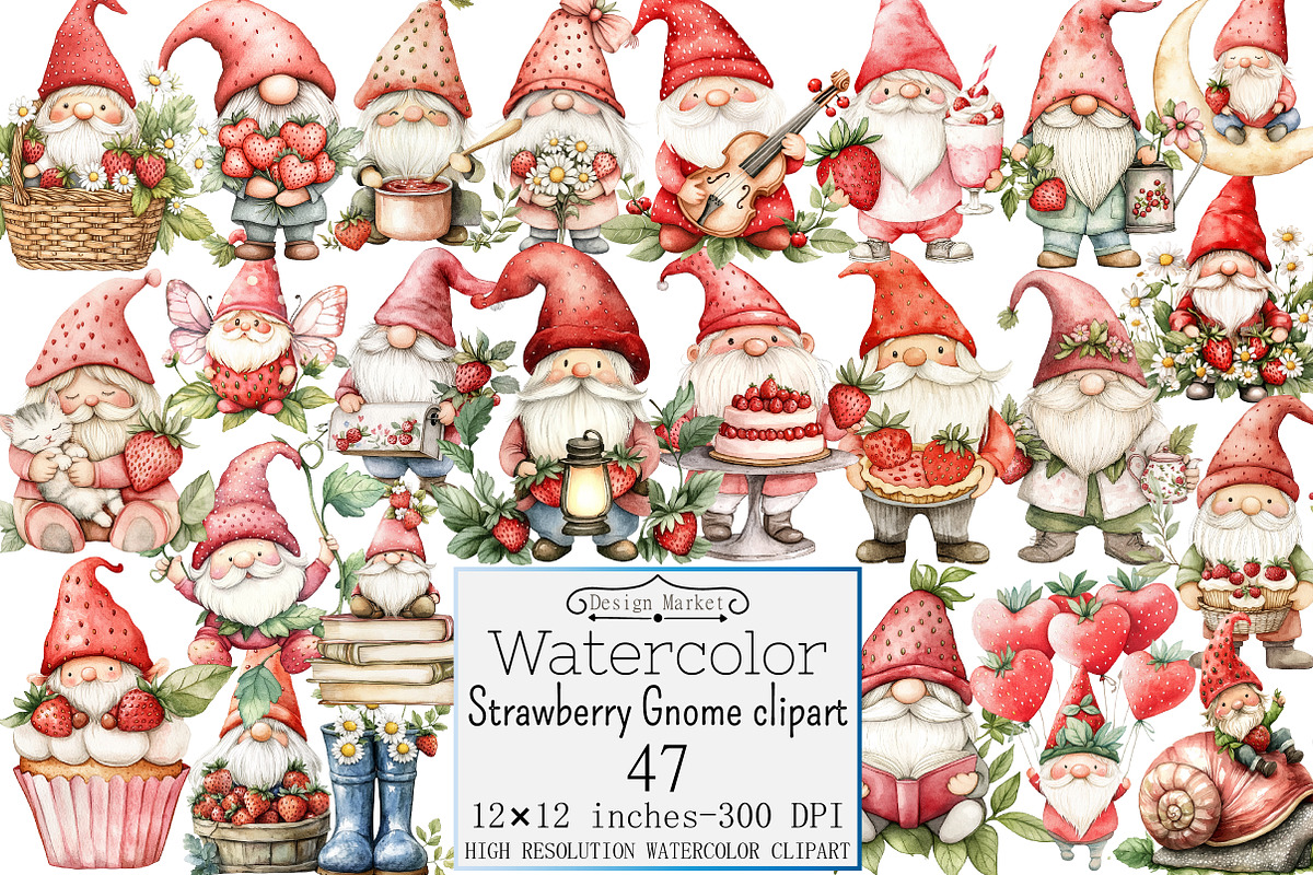 Watercolor Strawberry Gnome clipart, a Seasonal Illustration by Design Market (Photo 1 of 4)