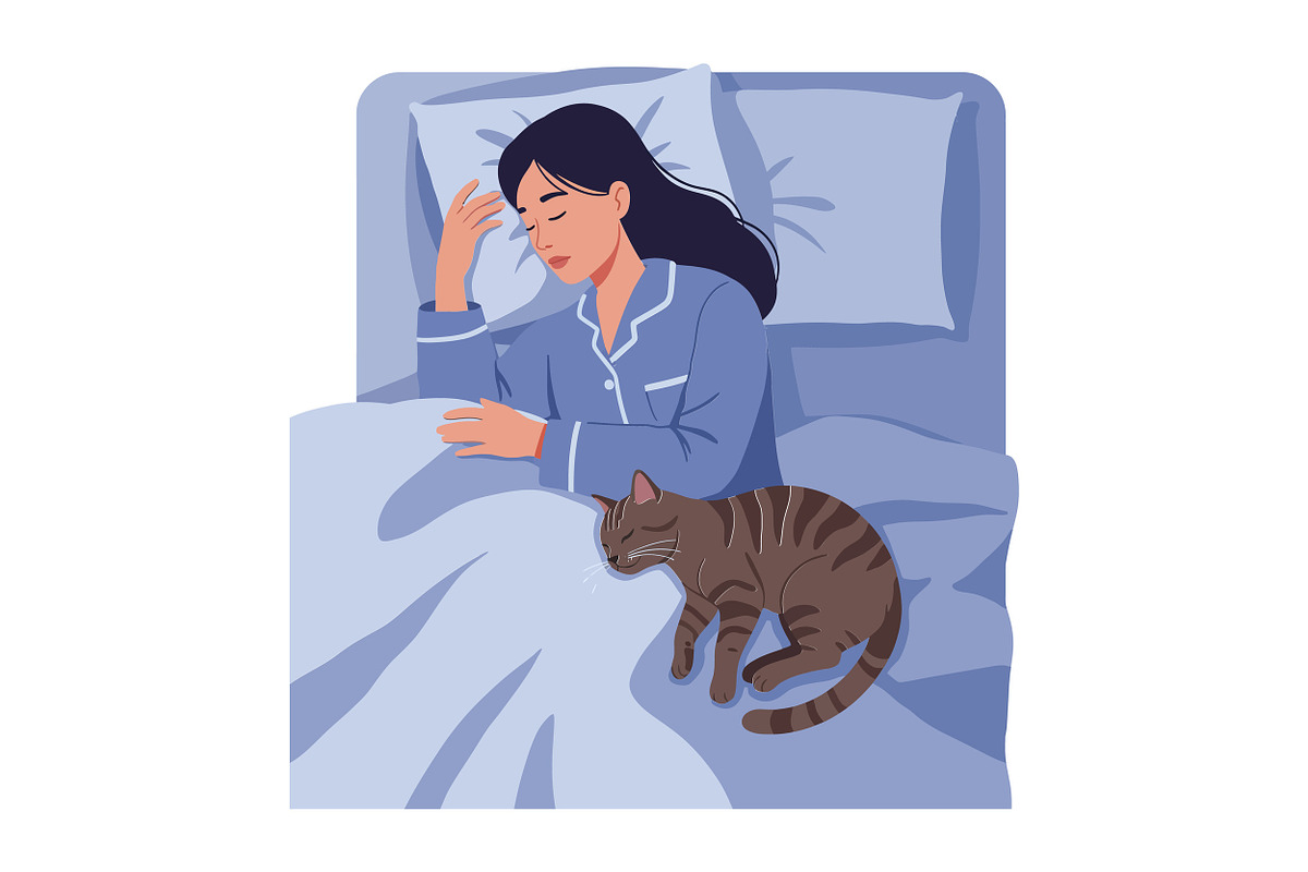 A woman in blue pajamas lying in bed, an Illustration by designvectx