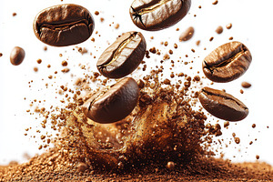 Coffee beans splashing into ground c, a Food & Drink Photo by Pixeness Studio