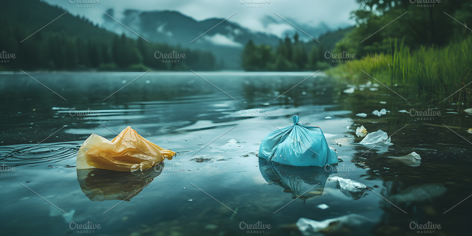 Pollution in mountain lake with plas, an Industrial Photo by Photostock