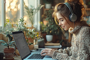 Woman working on laptop wearing headphones in a cozy indoor environment., an Illustration by AS photostudio