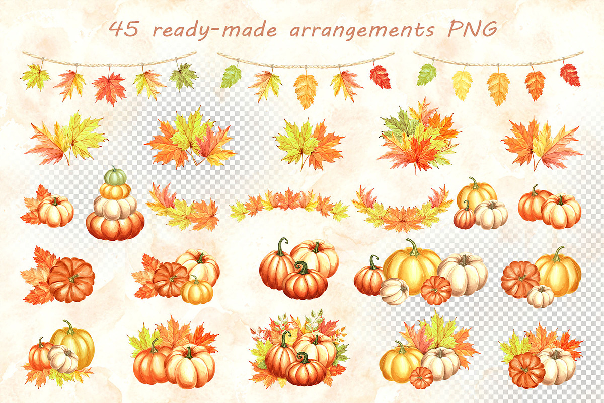 Autumn pumpkins watercolor clipart, a Decorative Illustration by susie-p-art (Photo 3 of 17)