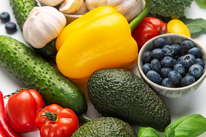 Fresh organic vegetables and fruit creating healthy food backgro, a Food & Drink Photo by Olena Rudo