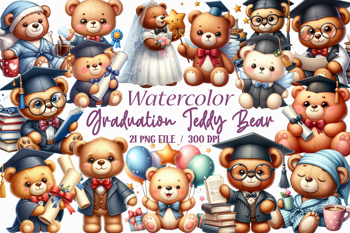 Watercolor Graduation Teddy Bear Cli, an Illustration by Libby Wishes (Photo 1 of 6)