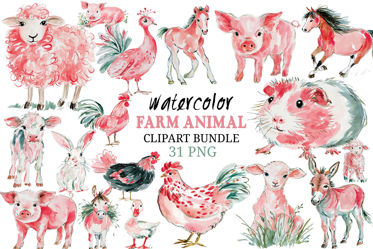 Watercolor Farm Animal Clipart, an Illustration by Craft Nest (Photo 1 of 3)
