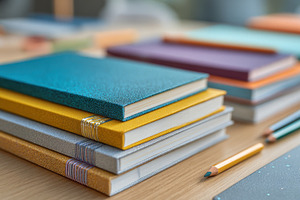 Colorful notebooks on a wooden table, a Photo by Beautiful things