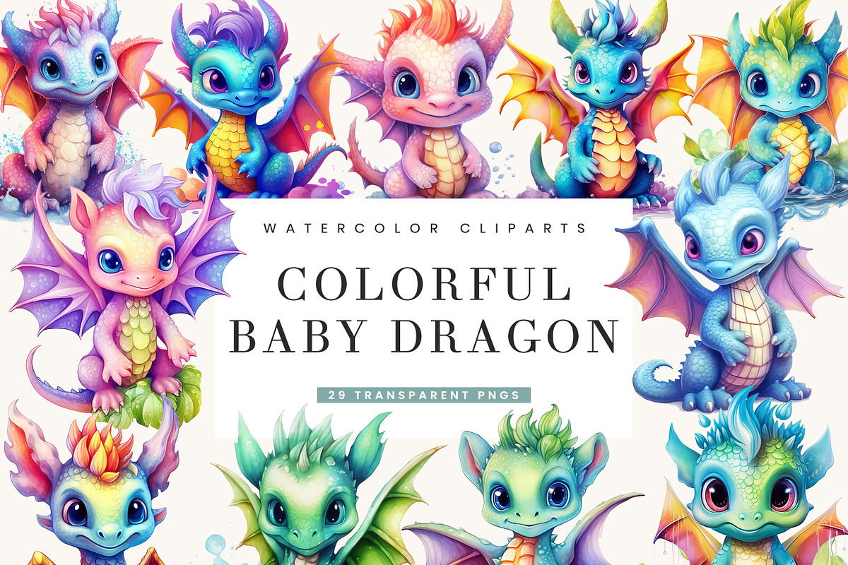 Colorful Baby Dragon Clipart Png, an Animal Illustration by BusyDaydesign (Photo 1 of 9)