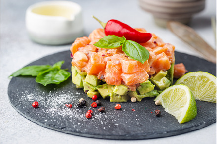Salmon salad, tartare, a Food & Drink Photo by piter.goskov