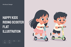 Happy Kids Riding Scooter Flat, an Object Illustration by Partikusi Design