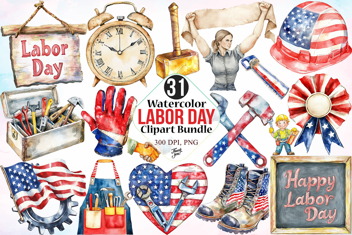Watercolor Labor Day Clipart Bundle, an Illustration by Canvas Craft (Photo 1 of 3)