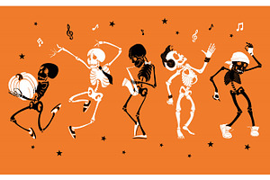 Vector Orange Dancing And Musical Skeletons Haloween Set Collection. Great For Spooky Fun Party Themed Designs, Gifts, Packaging.