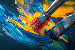 Two paintbrushes mixing bright blue and yellow paint on canvas, an Abstract Photo by Natalia Klenova's Shop