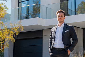 Modern man standing near sleek house, a Photo by Beautiful things