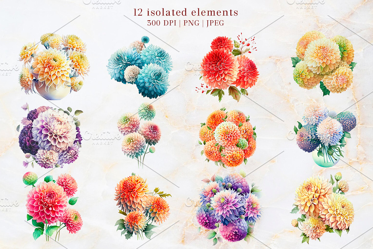 Watercolor Pompon Dahlia flower, a Card Template by Boo Guevara Shop (Photo 2 of 15)