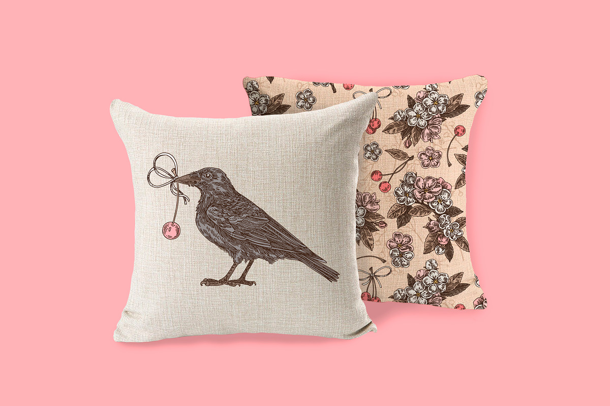 Cherry Crows. Seamless patterns, a Pattern Graphic by Kseniakrop (Photo 6 of 6)