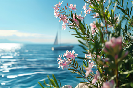 Pink oleandr on the seashore, a Nature Photo by Imaginarium