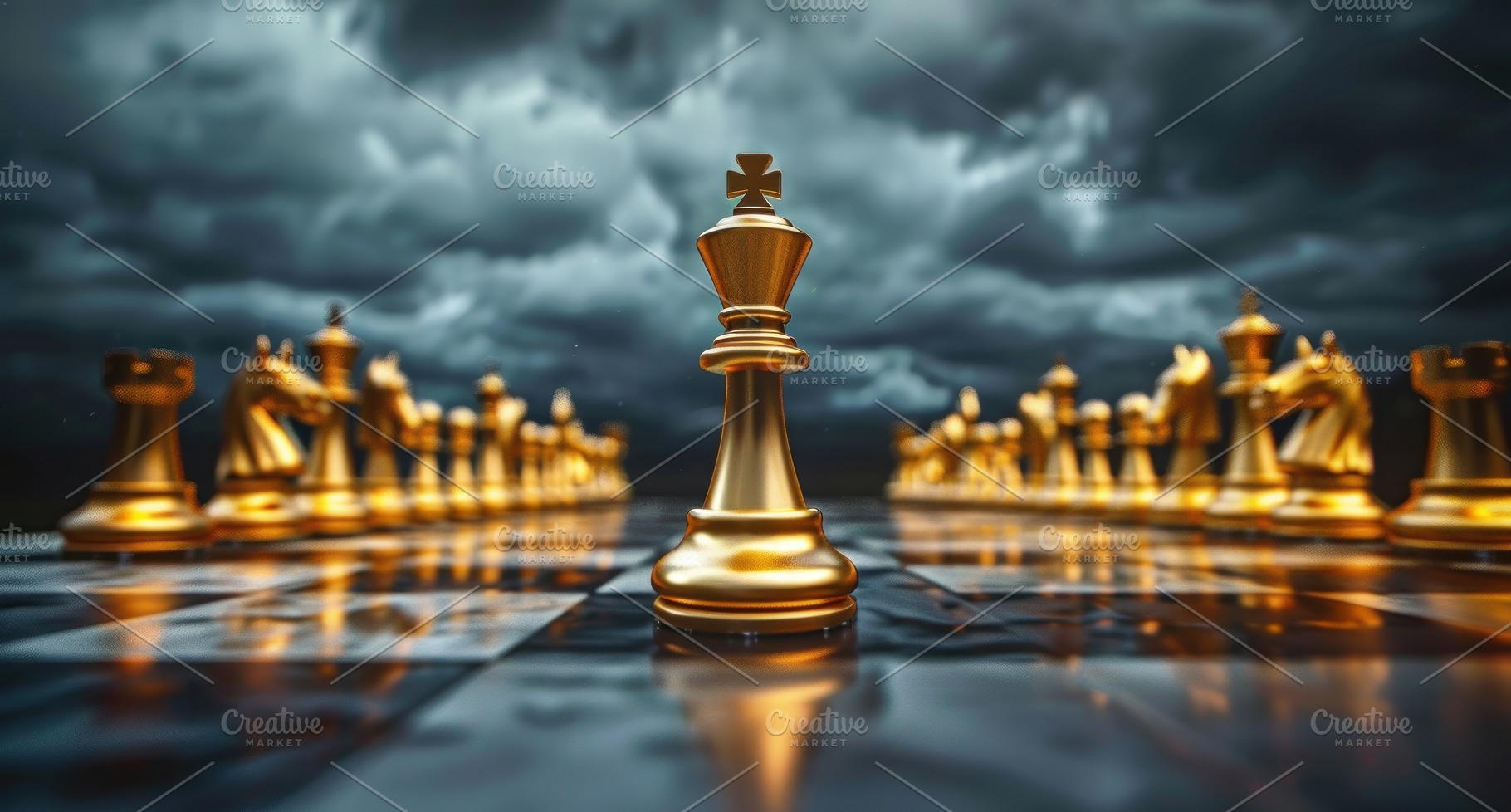 Golden king chess piece on a dramatic chessboard under stormy sk, a Photo by José Manuel Gelpi
